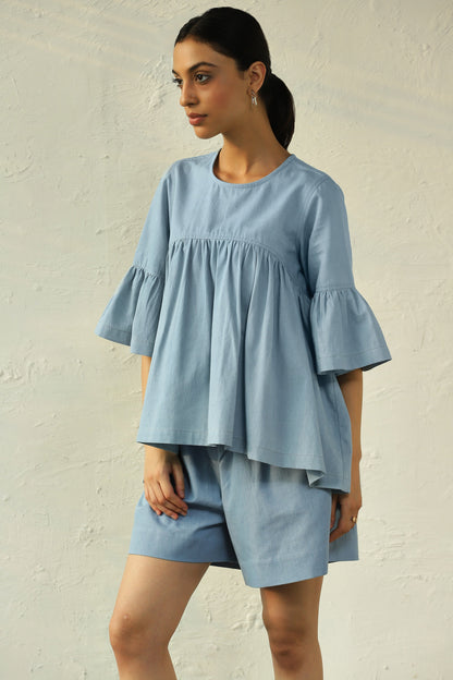 Blue Denim Co-Ord Set With Bell Sleeves at Kamakhyaa by Canoopi. This item is Blue, Canoopi, Casual Wear, Complete Sets, Cotton, Denim, Natural, Regular Fit, Solids, Vacation Co-ords, Womenswear