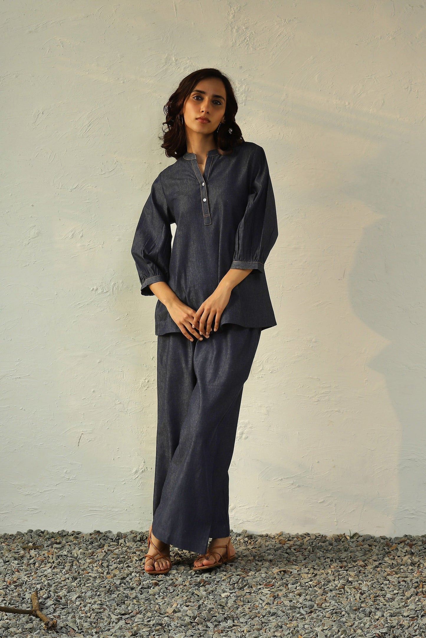 Blue Denim Co-Ord With Gathered Sleeves at Kamakhyaa by Canoopi. This item is Blue, Canoopi, Casual Wear, Complete Sets, Cotton, Denim, Natural, Regular Fit, Solids, Vacation Co-ords, Womenswear