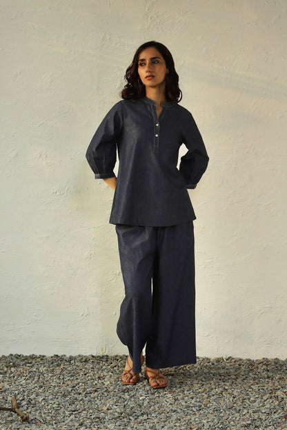 Blue Denim Co-Ord With Gathered Sleeves at Kamakhyaa by Canoopi. This item is Blue, Canoopi, Casual Wear, Complete Sets, Cotton, Denim, Natural, Regular Fit, Solids, Vacation Co-ords, Womenswear