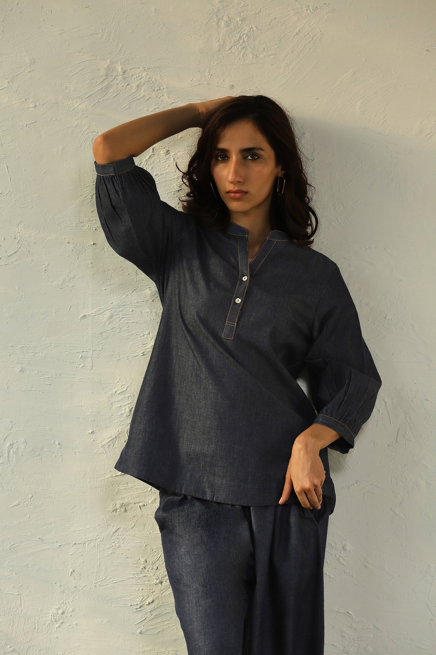 Blue Denim Co-Ord With Gathered Sleeves at Kamakhyaa by Canoopi. This item is Blue, Canoopi, Casual Wear, Complete Sets, Cotton, Denim, Natural, Regular Fit, Solids, Vacation Co-ords, Womenswear