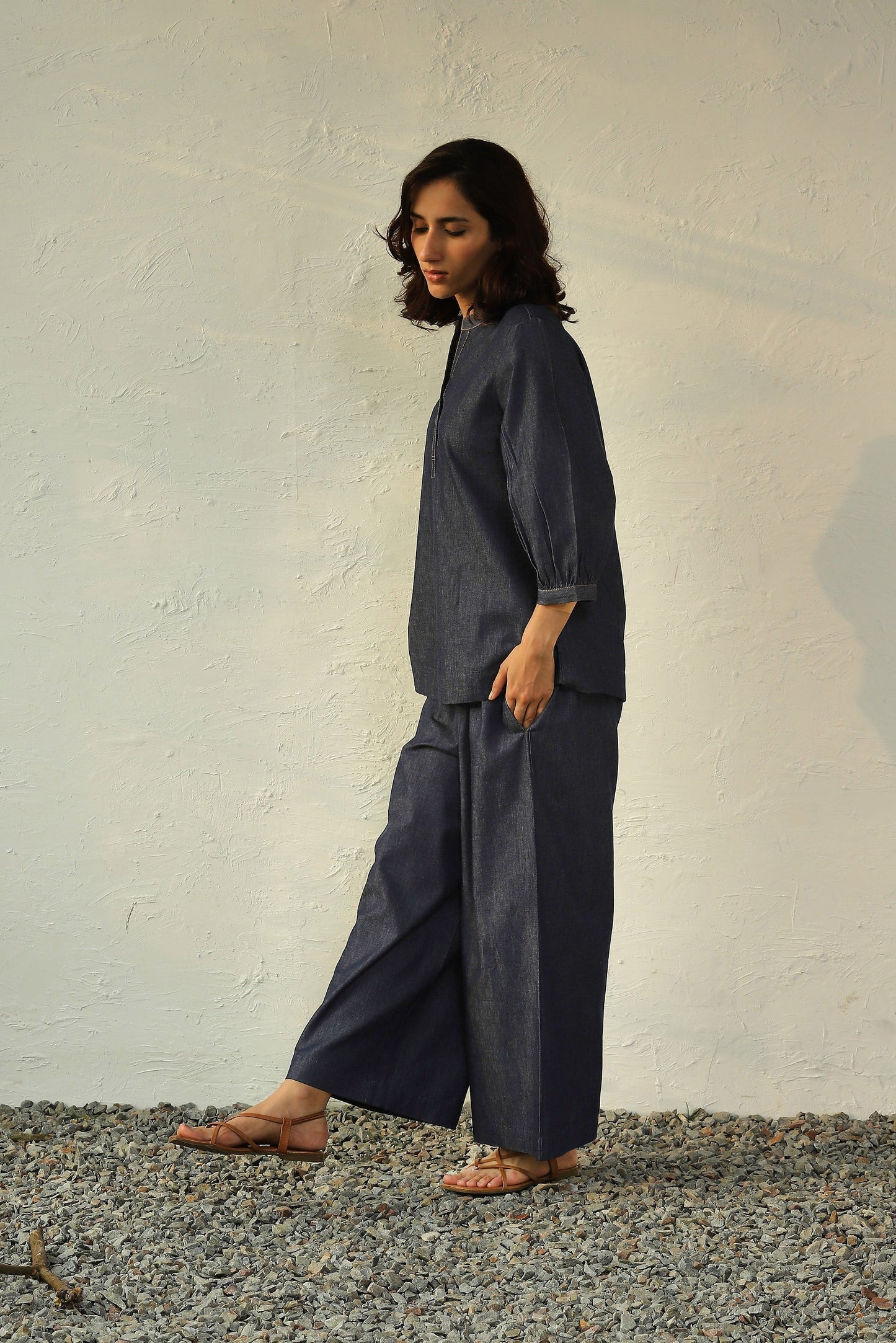 Blue Denim Co-Ord With Gathered Sleeves at Kamakhyaa by Canoopi. This item is Blue, Canoopi, Casual Wear, Complete Sets, Cotton, Denim, Natural, Regular Fit, Solids, Vacation Co-ords, Womenswear