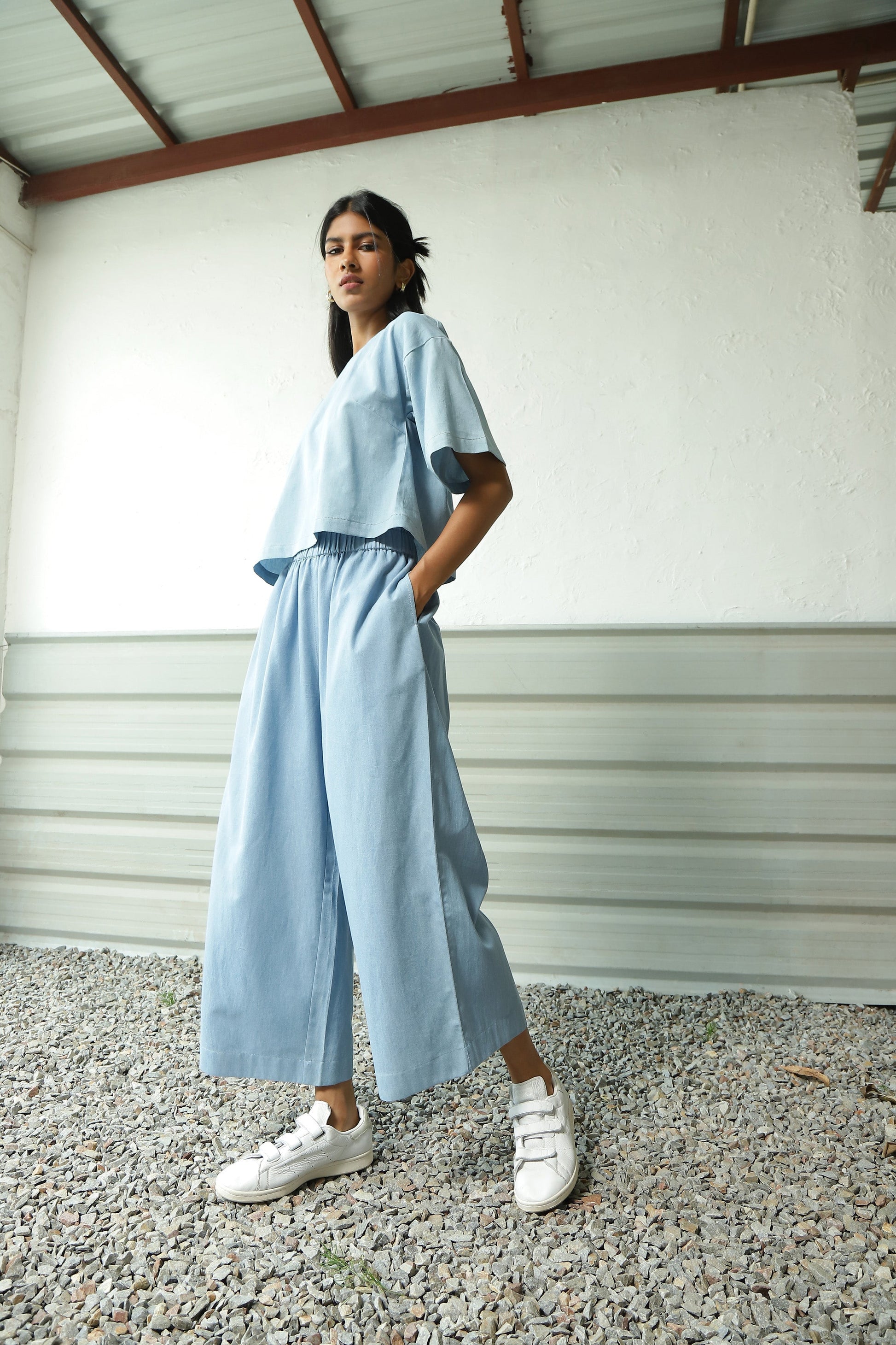 Blue Denim Drop Shoulder Co-ord Set at Kamakhyaa by Canoopi. This item is Blue, Canoopi, Casual Wear, Complete Sets, Cotton, Denim, Natural, Regular Fit, Solids, Vacation Co-ords, Womenswear
