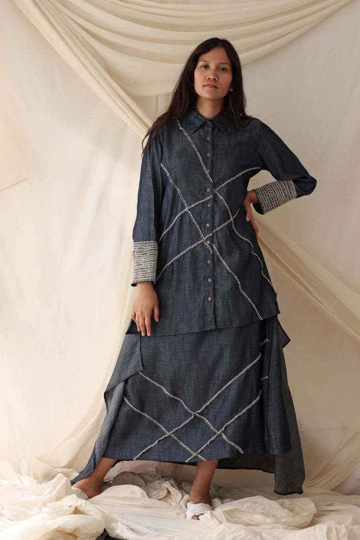 Blue Denim Embroidered Complete Set at Kamakhyaa by Chambray & Co.. This item is Blue, Casual Wear, Co-ord Sets, Cotton, Natural, Regular Fit, Solids, Tencel, Womenswear