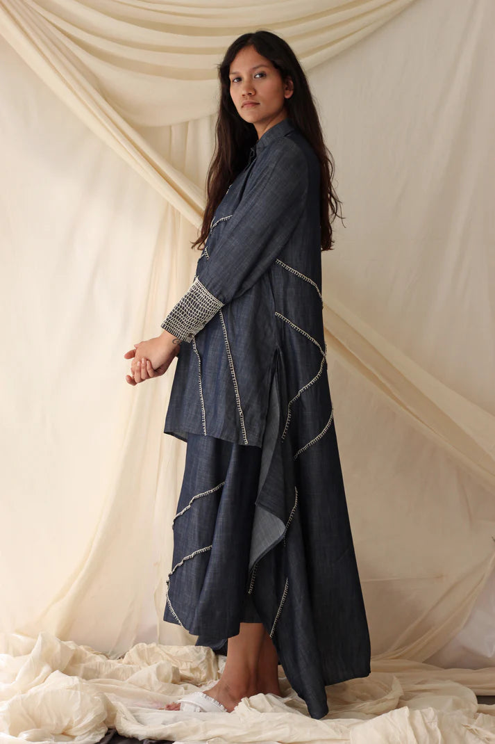 Blue Denim Embroidered Complete Set at Kamakhyaa by Chambray & Co.. This item is Blue, Casual Wear, Co-ord Sets, Cotton, Natural, Regular Fit, Solids, Tencel, Womenswear