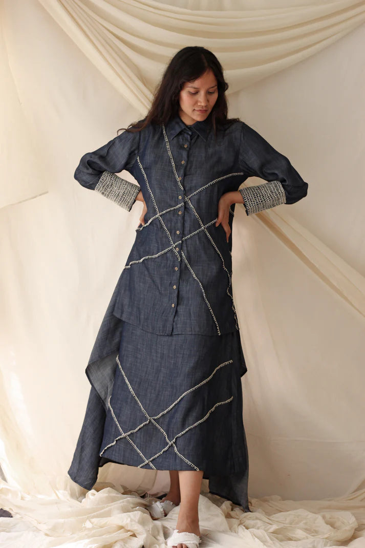 Blue Denim Embroidered Complete Set at Kamakhyaa by Chambray & Co.. This item is Blue, Casual Wear, Co-ord Sets, Cotton, Natural, Regular Fit, Solids, Tencel, Womenswear