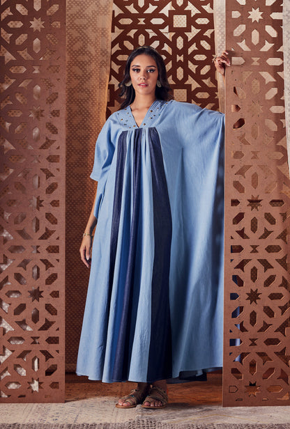 Blue Denim Kaftan at Kamakhyaa by Charkhee. This item is Blue, Denim, Embroidered, Ethnic Wear, Kaftans, Midi Dresses, Naayaab, Natural, Nayaab, Relaxed Fit, Womenswear