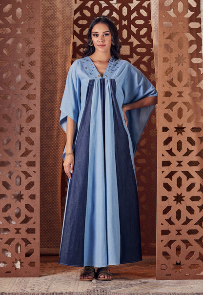 Blue Denim Kaftan at Kamakhyaa by Charkhee. This item is Blue, Denim, Embroidered, Ethnic Wear, Kaftans, Midi Dresses, Naayaab, Natural, Nayaab, Relaxed Fit, Womenswear