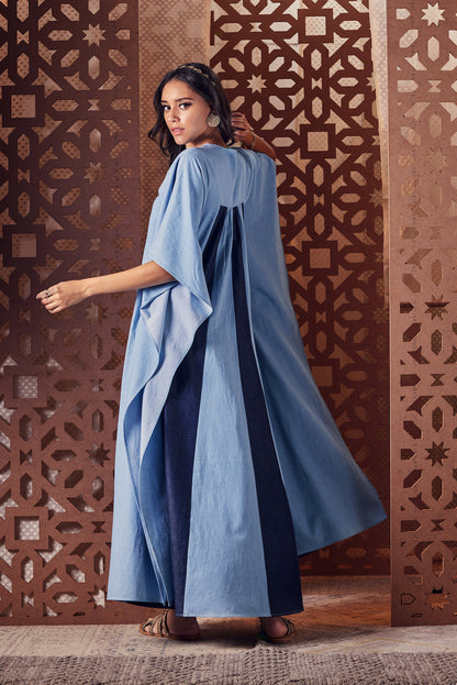 Blue Denim Kaftan at Kamakhyaa by Charkhee. This item is Blue, Denim, Embroidered, Ethnic Wear, Kaftans, Midi Dresses, Naayaab, Natural, Nayaab, Relaxed Fit, Womenswear