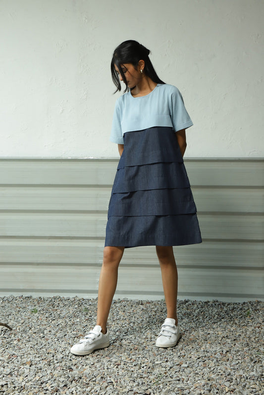 Blue Denim Layered Dress at Kamakhyaa by Canoopi. This item is Blue, Canoopi, Casual Wear, Cotton, Denim, Dresses, Natural, Regular Fit, Solids, Tiered Dresses, Womenswear