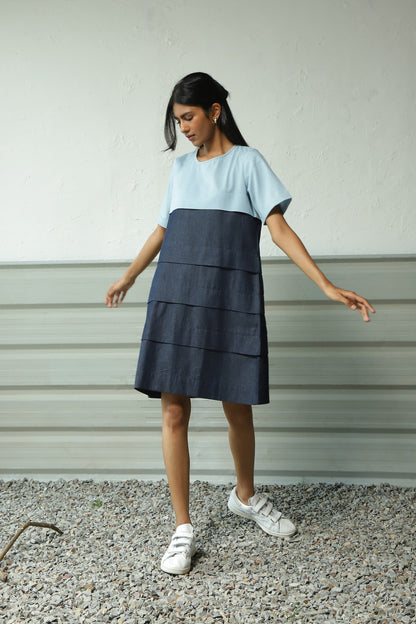 Blue Denim Layered Dress at Kamakhyaa by Canoopi. This item is Blue, Canoopi, Casual Wear, Cotton, Denim, Dresses, Natural, Regular Fit, Solids, Tiered Dresses, Womenswear