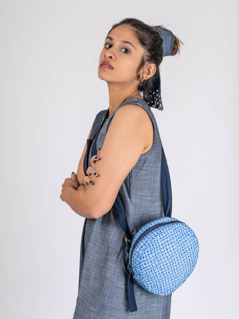 Blue Denim Sling Bag at Kamakhyaa by Chambray & Co.. This item is Add Ons, Bags, Blue, Casual Wear, Cotton, Embroidered, Free Size, Natural, Sling Bags