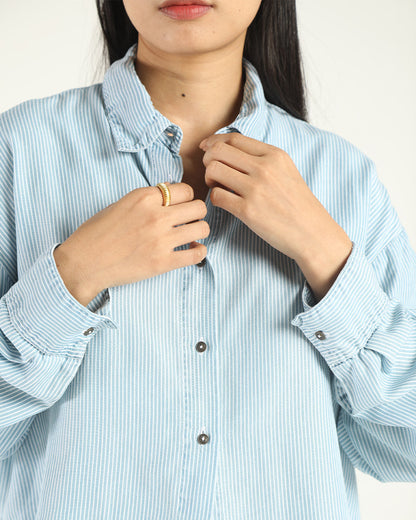 Blue Denim Striped Shirt at Kamakhyaa by Reistor. This item is Bemberg, Blue, Casual Wear, Natural, Regular Fit, Shirts, Solids, Tencel, Tops, Womenswear