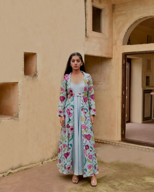 Blue Dress Set at Kamakhyaa by Taro. This item is Bamberg Silk, Beads work, Blue, Digital Print, Dress Sets, Enchanted Garden, Evening Wear, Festive Wear, Fitted At Waist, July Sale, July Sale 2023, Natural, Natural with azo free dyes, Sequin Work, Silk Chanderi, Womenswear