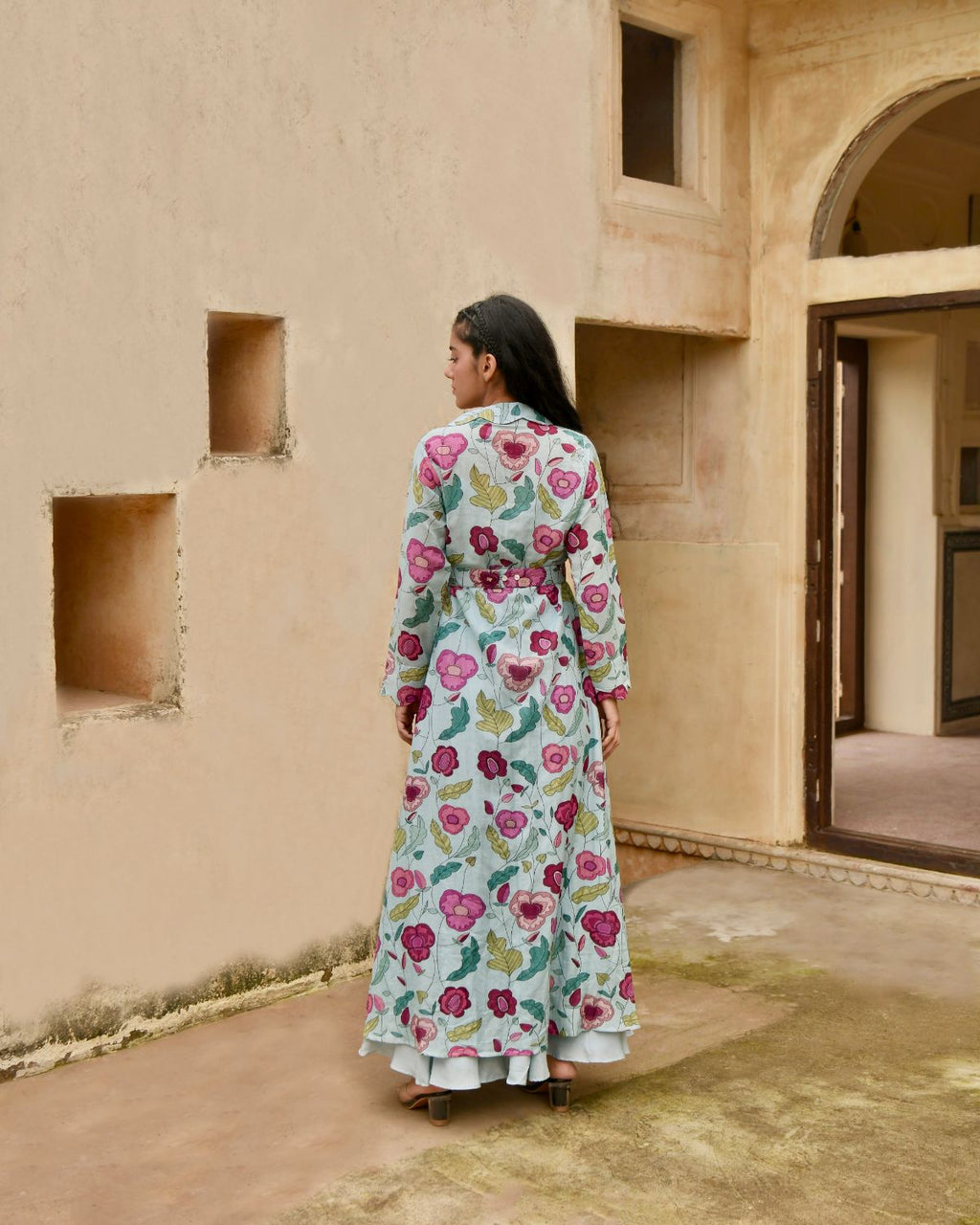 Blue Dress Set at Kamakhyaa by Taro. This item is Bamberg Silk, Beads work, Blue, Digital Print, Dress Sets, Enchanted Garden, Evening Wear, Festive Wear, Fitted At Waist, July Sale, July Sale 2023, Natural, Natural with azo free dyes, Sequin Work, Silk Chanderi, Womenswear