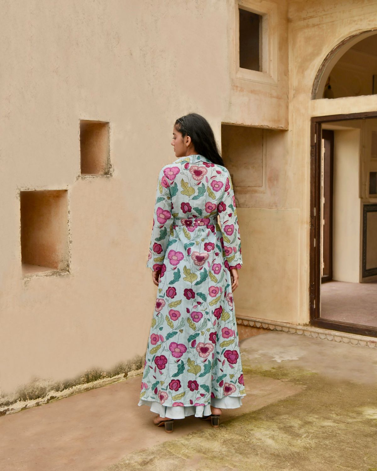 Blue Dress Set at Kamakhyaa by Taro. This item is Bamberg Silk, Beads work, Blue, Digital Print, Dress Sets, Enchanted Garden, Evening Wear, Festive Wear, Fitted At Waist, July Sale, July Sale 2023, Natural, Natural with azo free dyes, Sequin Work, Silk Chanderi, Womenswear