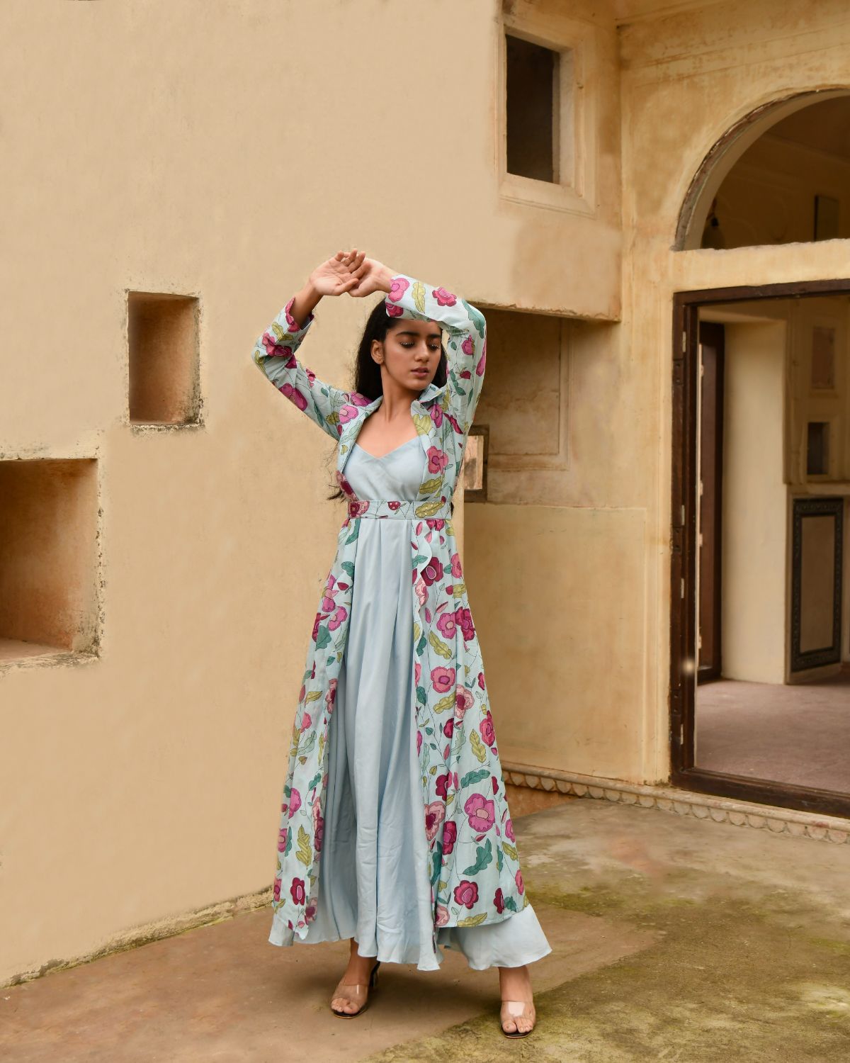 Blue Dress Set at Kamakhyaa by Taro. This item is Bamberg Silk, Beads work, Blue, Digital Print, Dress Sets, Enchanted Garden, Evening Wear, Festive Wear, Fitted At Waist, July Sale, July Sale 2023, Natural, Natural with azo free dyes, Sequin Work, Silk Chanderi, Womenswear