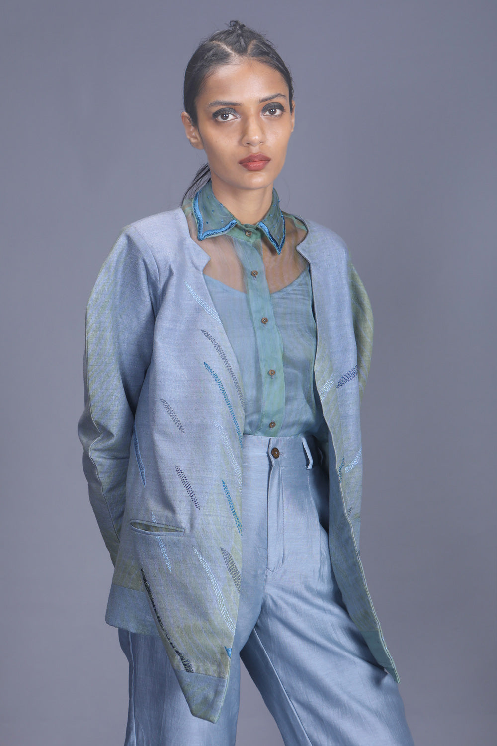Blue Embroidered Jacket at Kamakhyaa by The Loom Art. This item is Between the Lines, Blue, Embroidered, Jackets, July Sale, July Sale 2023, Matka SilK, Natural, Party Wear, Regular Fit, Womenswear