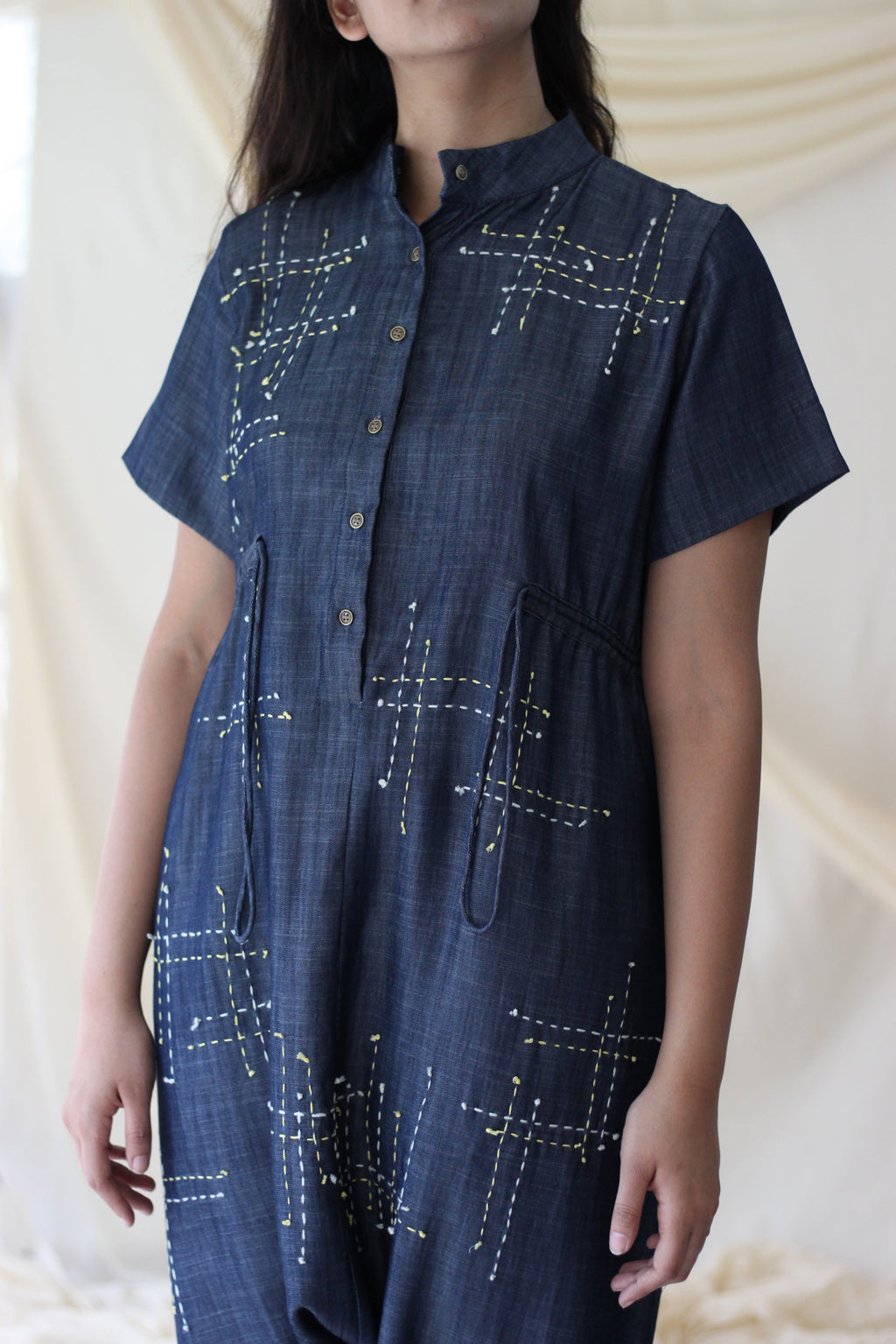 Blue Embroidered Jumpsuit at Kamakhyaa by Chambray & Co.. This item is Blue, Casual Wear, Cotton, Embroidered, Jumpsuits, Natural, Regular Fit, Tencel, Womenswear