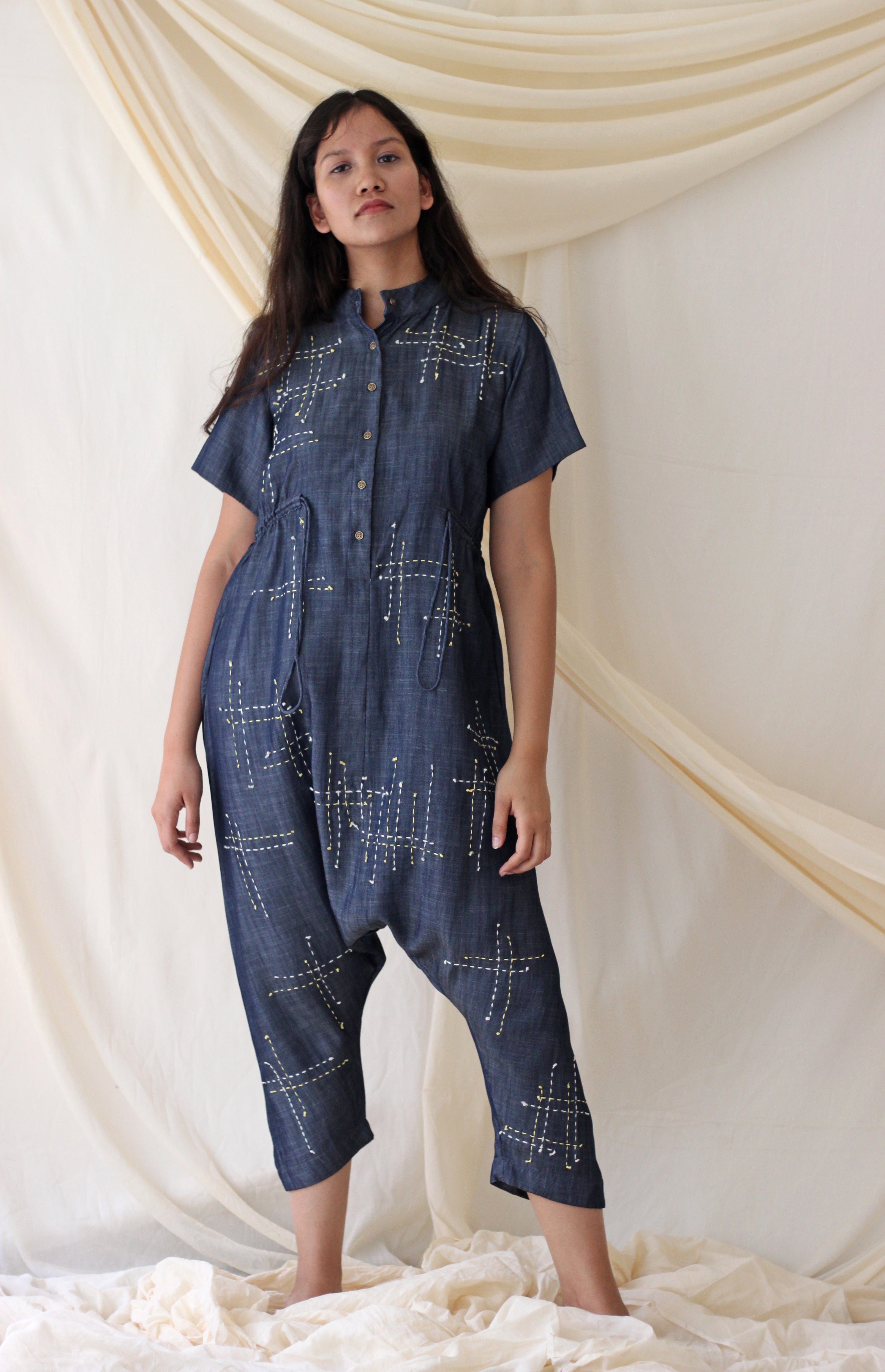 Blue Embroidered Jumpsuit at Kamakhyaa by Chambray & Co.. This item is Blue, Casual Wear, Cotton, Embroidered, Jumpsuits, Natural, Regular Fit, Tencel, Womenswear