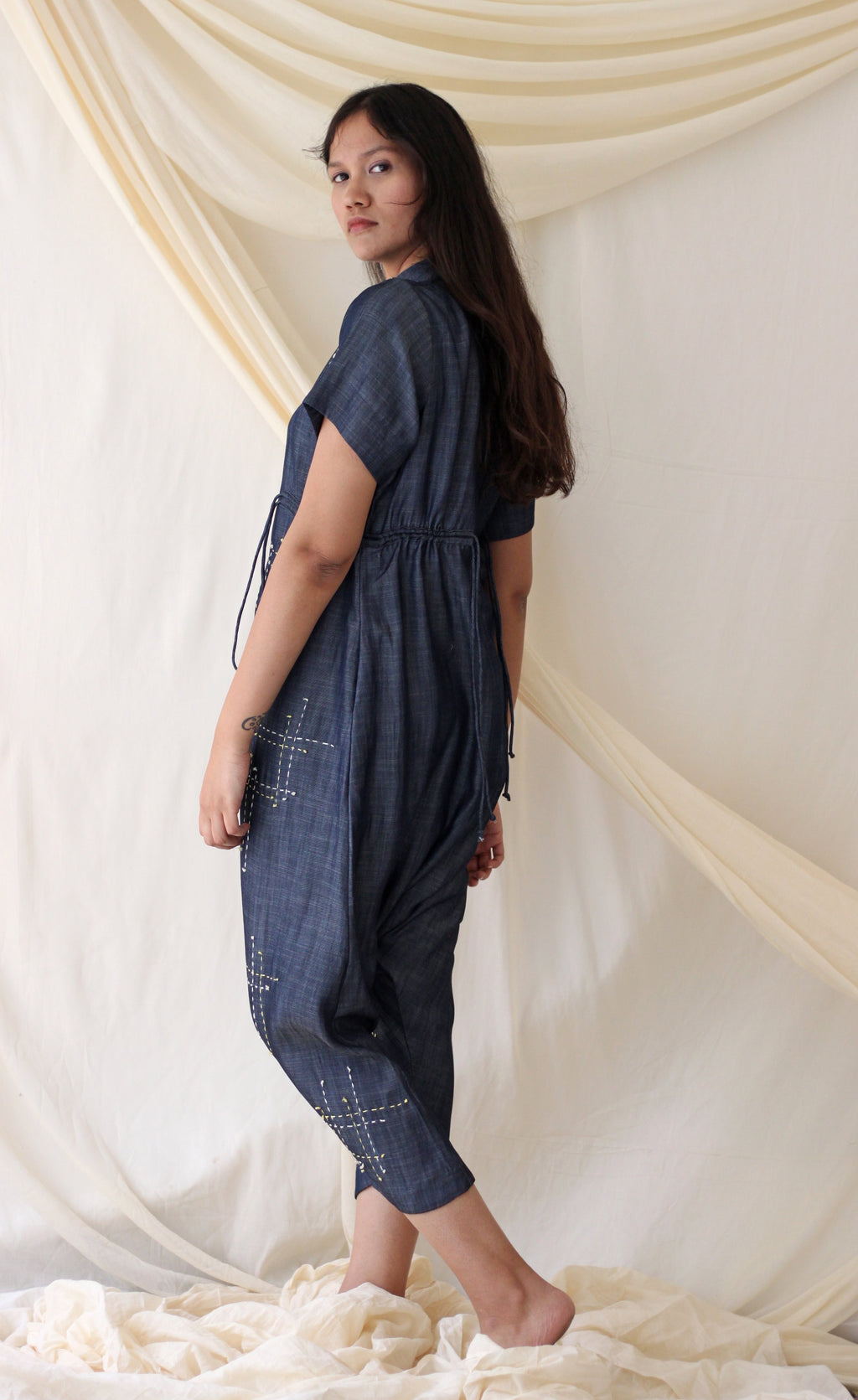 Blue Embroidered Jumpsuit at Kamakhyaa by Chambray & Co.. This item is Blue, Casual Wear, Cotton, Embroidered, Jumpsuits, Natural, Regular Fit, Tencel, Womenswear