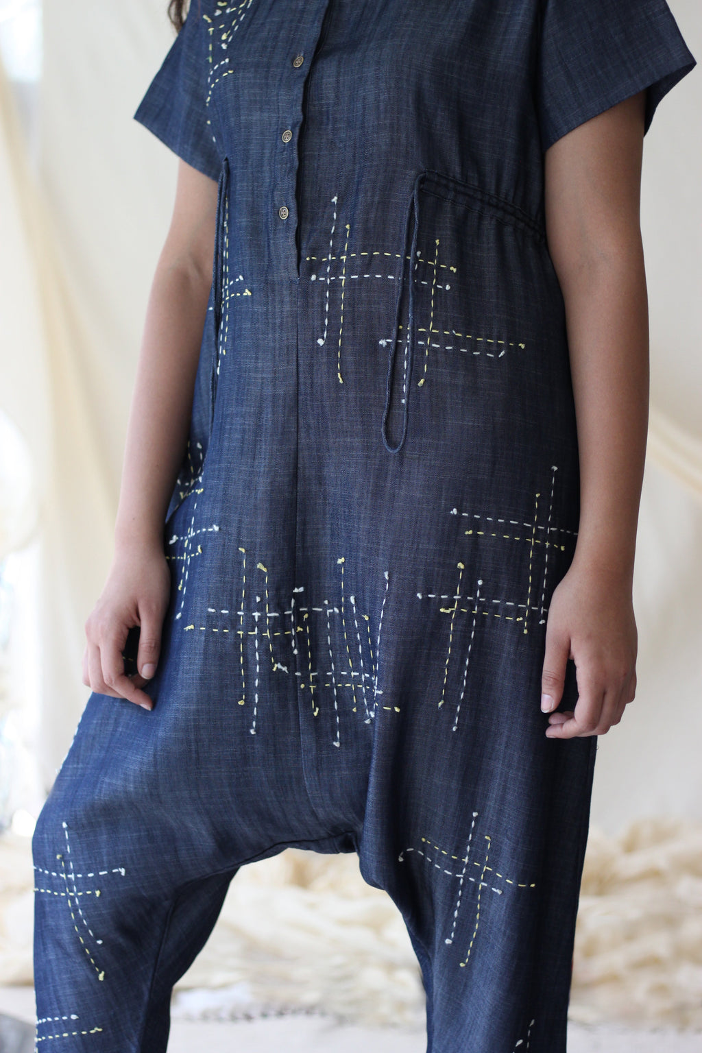 Blue Embroidered Jumpsuit at Kamakhyaa by Chambray & Co.. This item is Blue, Casual Wear, Cotton, Embroidered, Jumpsuits, Natural, Regular Fit, Tencel, Womenswear