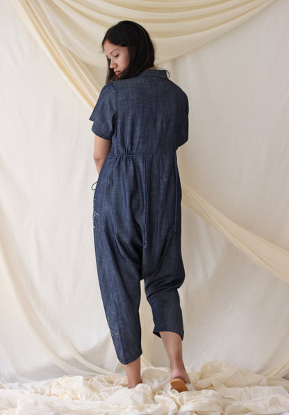 Blue Embroidered Jumpsuit at Kamakhyaa by Chambray & Co.. This item is Blue, Casual Wear, Cotton, Embroidered, Jumpsuits, Natural, Regular Fit, Tencel, Womenswear
