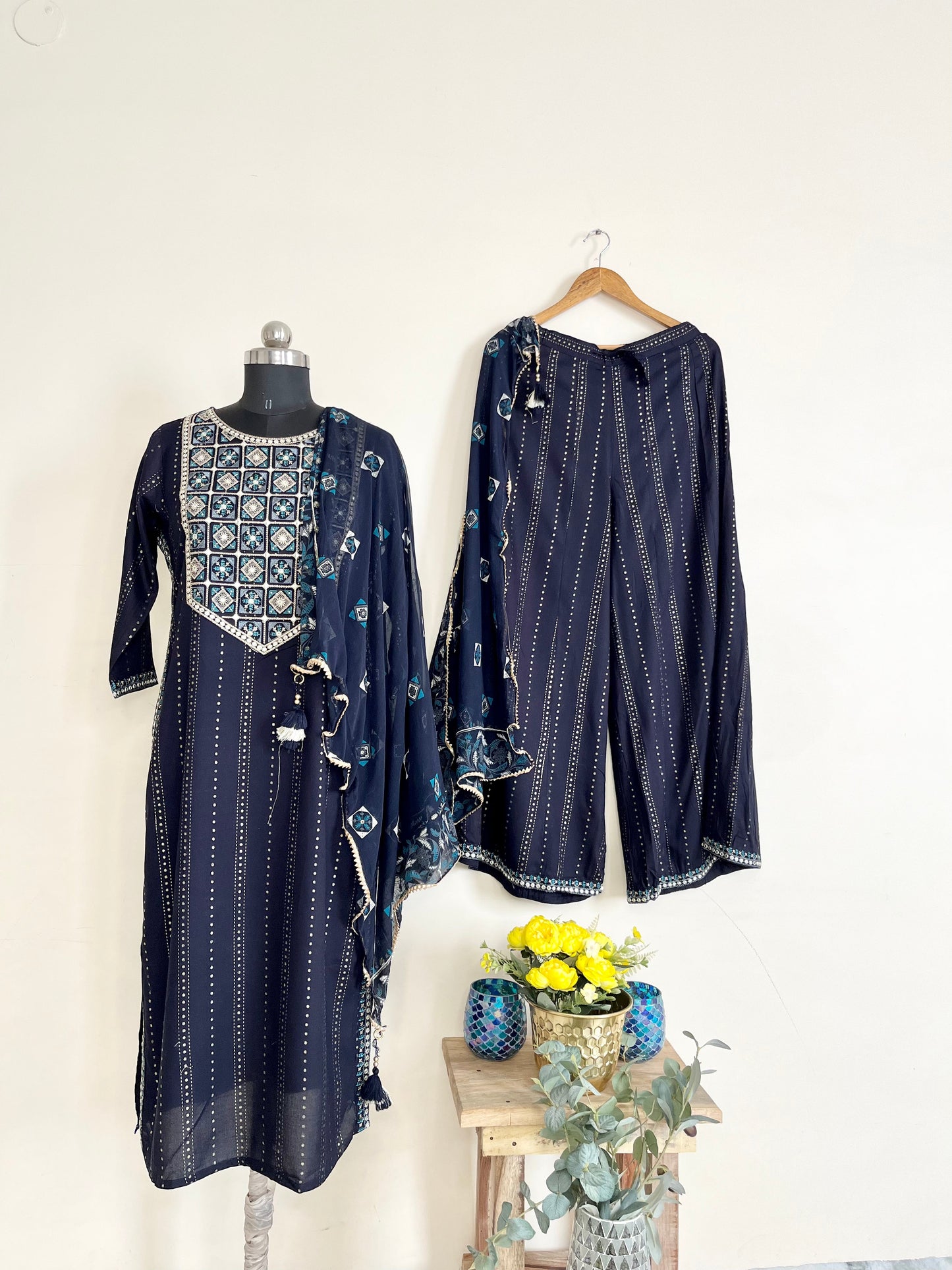 Blue Embroidered Kurta Set With Dupatta at Kamakhyaa by Kamakhyaa. This item is Blue, Cotton, Embroidered, Ethnic Wear, Kurta Pant Sets, Kurta Set with Dupattas, Natural, Prints, Regular Fit, Womenswear