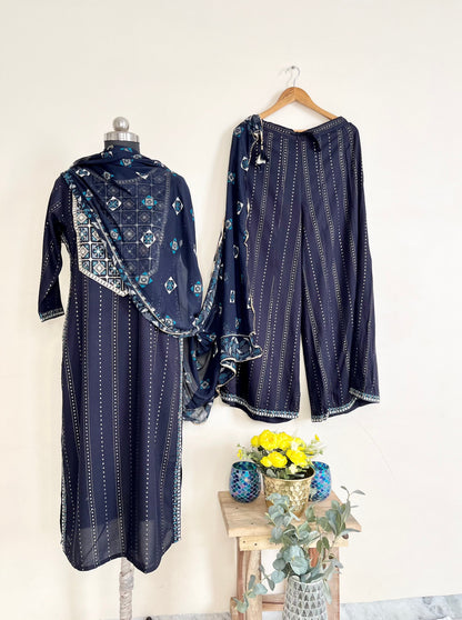 Blue Embroidered Kurta Set With Dupatta at Kamakhyaa by Kamakhyaa. This item is Blue, Cotton, Embroidered, Ethnic Wear, Kurta Pant Sets, Kurta Set with Dupattas, Natural, Prints, Regular Fit, Womenswear