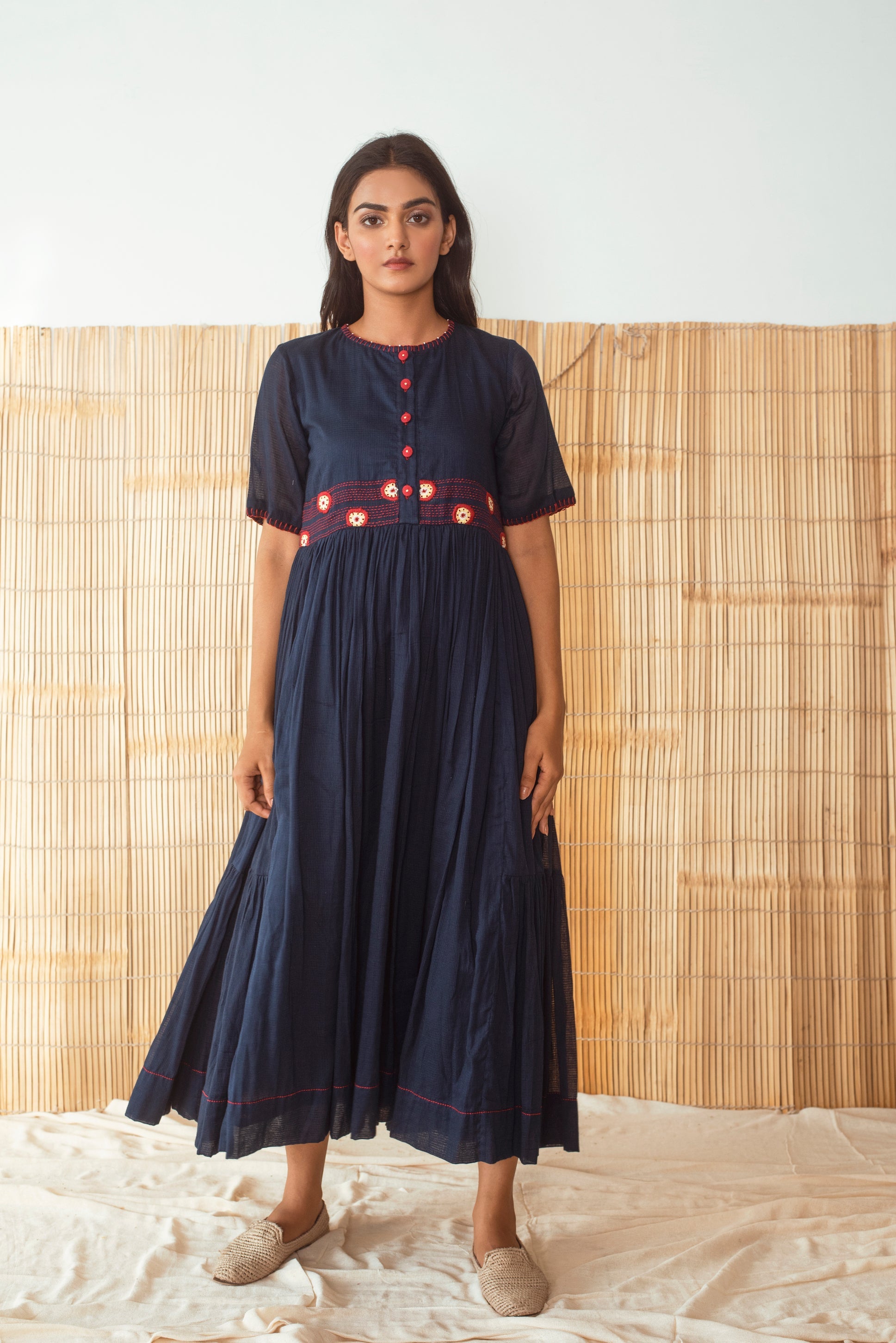 Blue Embroidered Maxi Dress at Kamakhyaa by The Loom Art. This item is Blue, Cotton Kota Slub, For Daughter, July Sale, July Sale 2023, Maxi Dresses, Midi Dresses, Natural, Party Wear, Regular Fit, Solid Selfmade, Solids, Womenswear