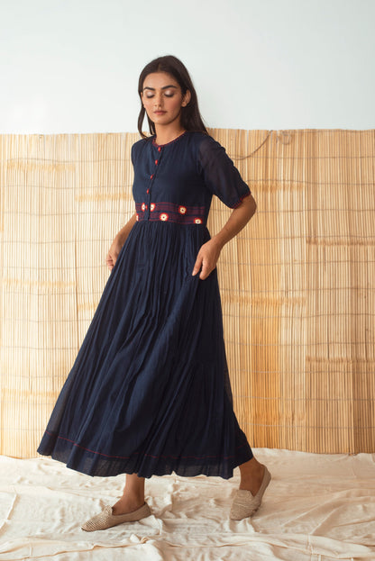Blue Embroidered Maxi Dress at Kamakhyaa by The Loom Art. This item is Blue, Cotton Kota Slub, For Daughter, July Sale, July Sale 2023, Maxi Dresses, Midi Dresses, Natural, Party Wear, Regular Fit, Solid Selfmade, Solids, Womenswear