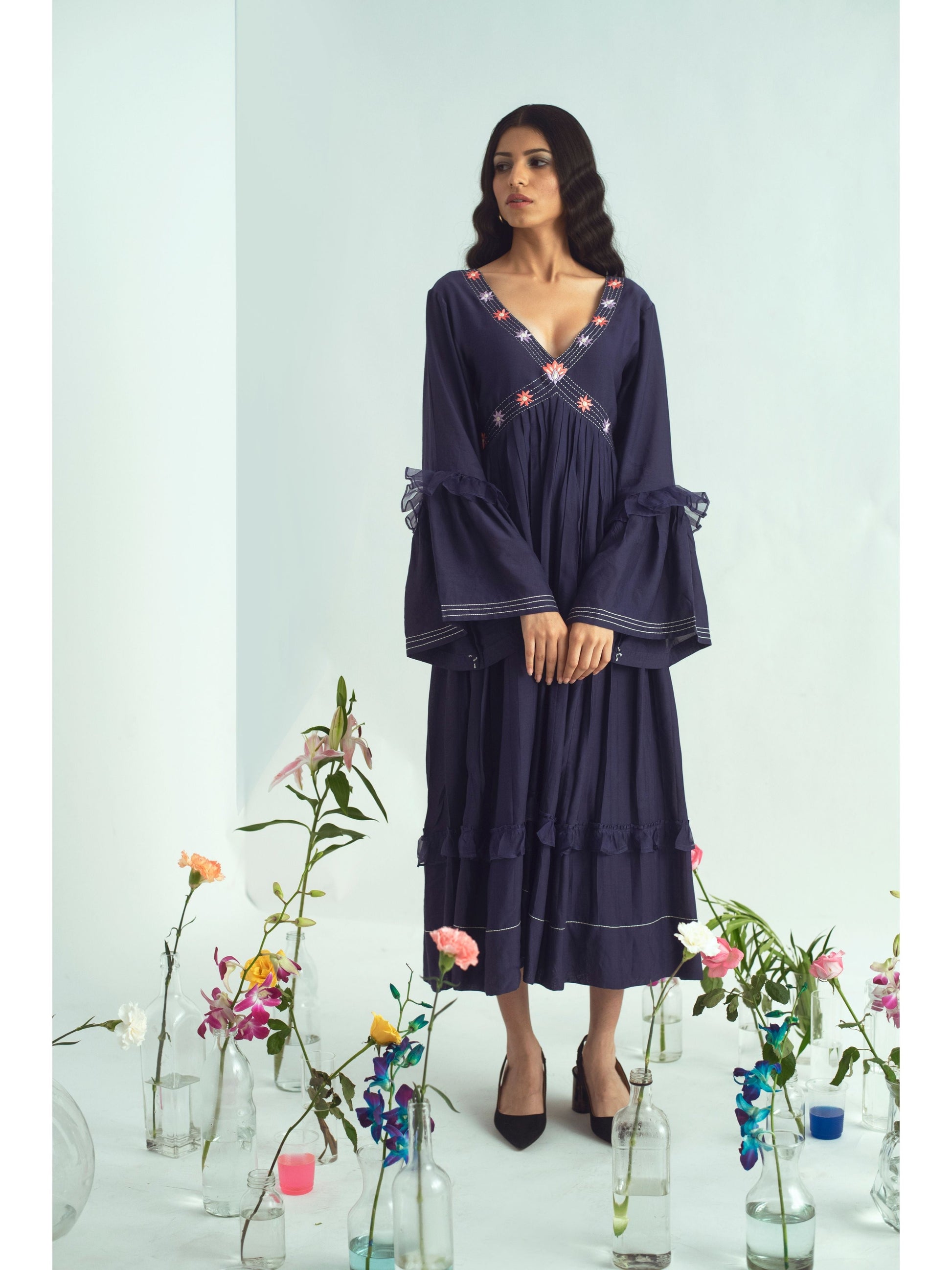 Blue Embroidered Midi Dress at Kamakhyaa by The Loom Art. This item is Blue, Cotton, Euphoria, July Sale, July Sale 2023, Midi Dresses, Natural, Party Wear, Regular Fit, Silk Organza, Womenswear