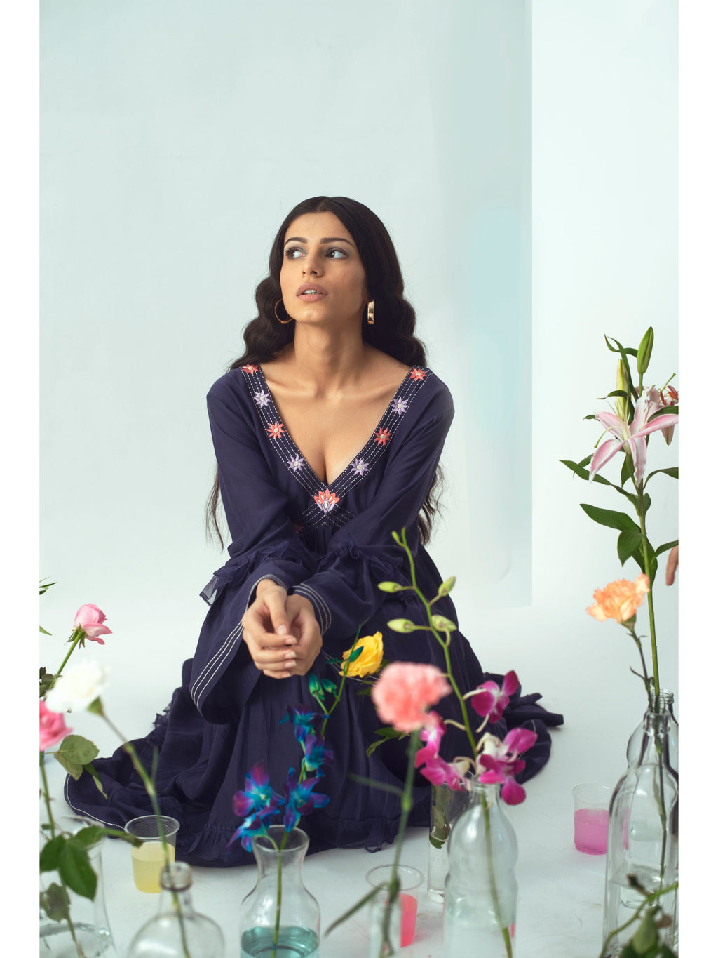 Blue Embroidered Midi Dress at Kamakhyaa by The Loom Art. This item is Blue, Cotton, Euphoria, July Sale, July Sale 2023, Midi Dresses, Natural, Party Wear, Regular Fit, Silk Organza, Womenswear