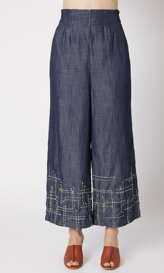 Blue Embroidered Pants at Kamakhyaa by Chambray & Co.. This item is Blue, Casual Wear, Cotton, Embroidered, Fitted At Waist, Natural, Pants, Solids, Tencel, Womenswear