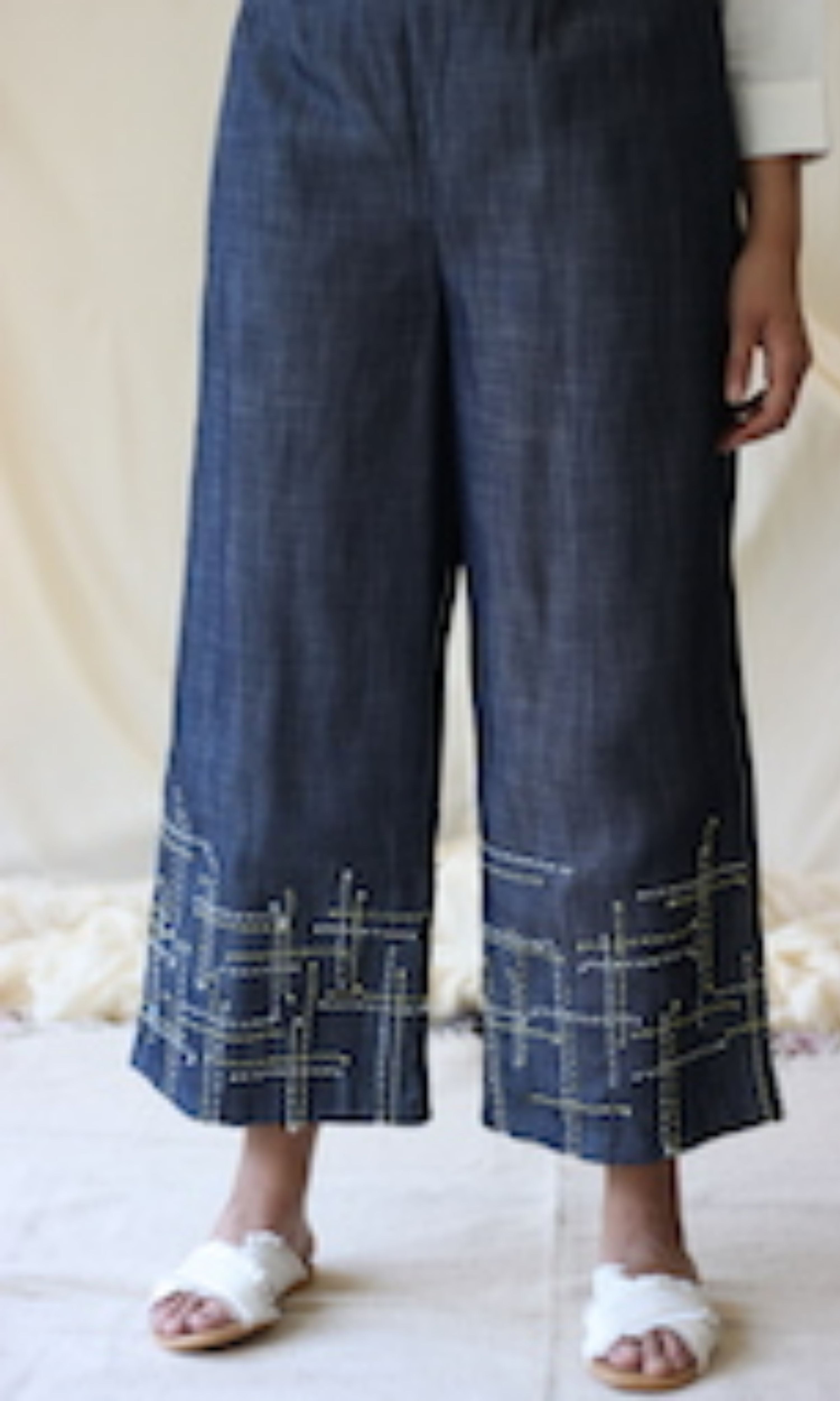Blue Embroidered Pants at Kamakhyaa by Chambray & Co.. This item is Blue, Casual Wear, Cotton, Embroidered, Fitted At Waist, Natural, Pants, Solids, Tencel, Womenswear
