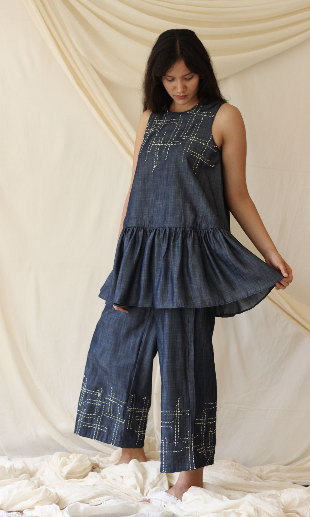Blue Embroidered Pants at Kamakhyaa by Chambray & Co.. This item is Blue, Casual Wear, Cotton, Embroidered, Fitted At Waist, Natural, Pants, Solids, Tencel, Womenswear