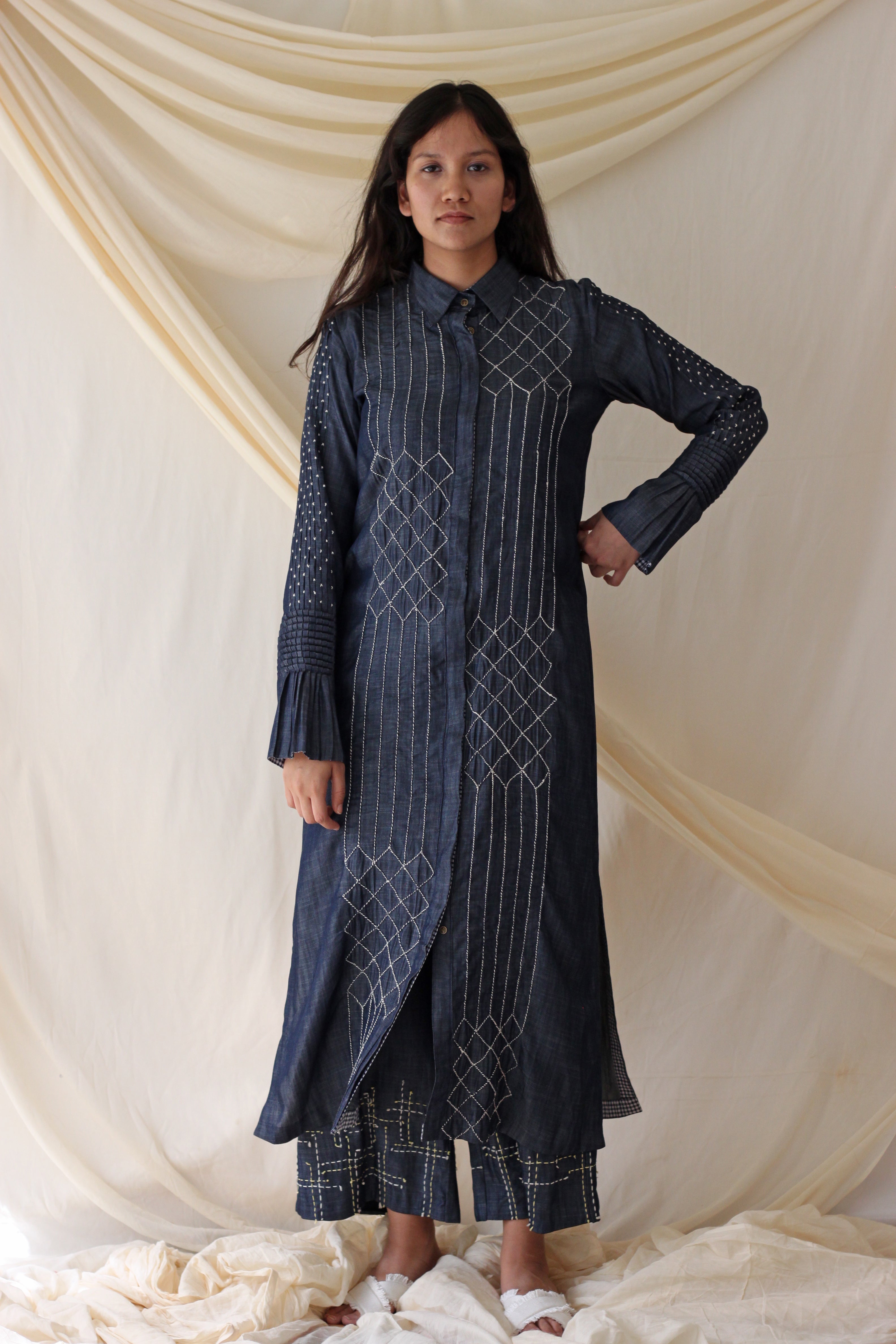 Blue Embroidered Shirt at Kamakhyaa by Chambray & Co.. This item is Blue, Casual Wear, Cotton, Natural, Regular Fit, Shirts, Solids, Tencel, Tops, Womenswear