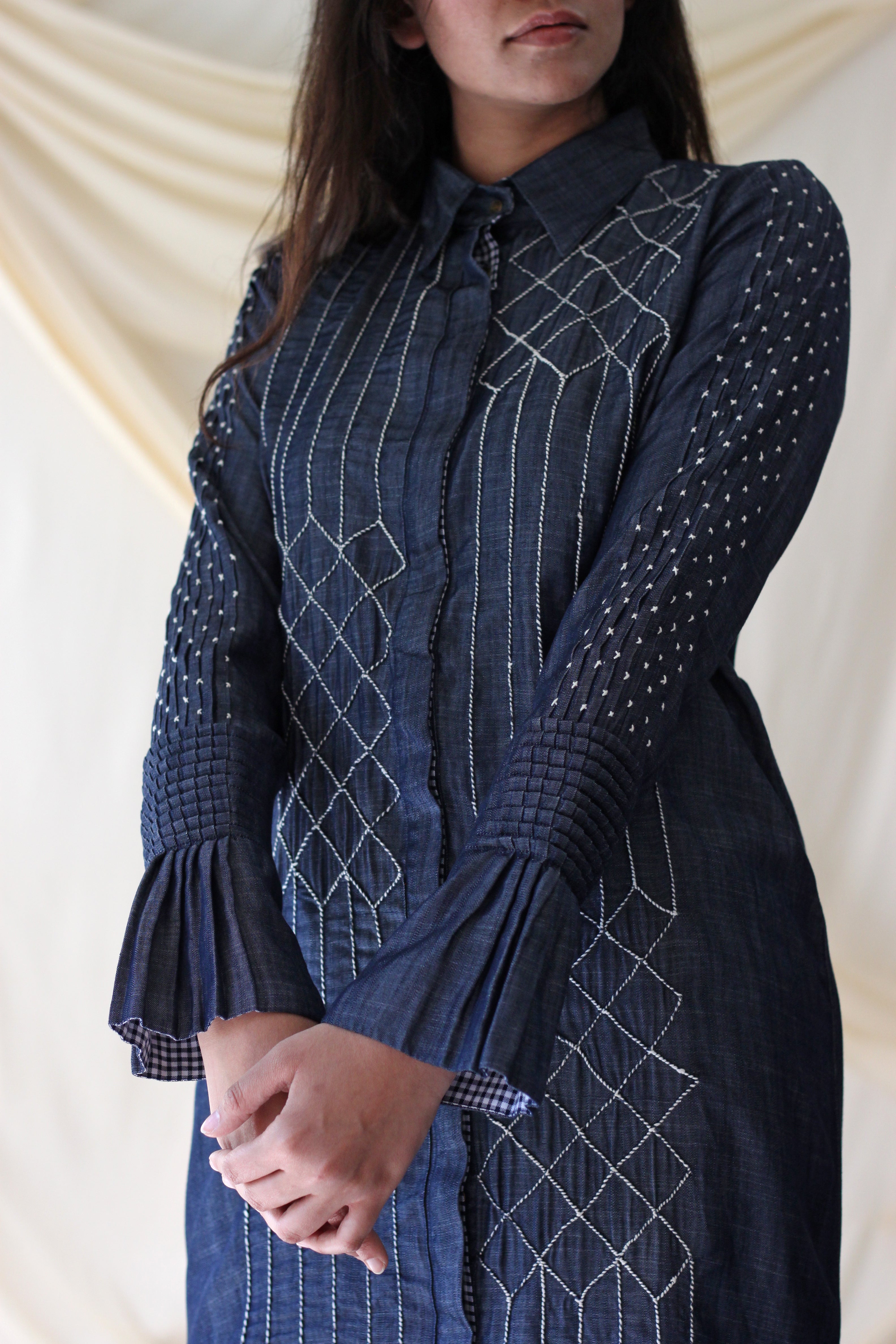 Blue Embroidered Shirt at Kamakhyaa by Chambray & Co.. This item is Blue, Casual Wear, Cotton, Natural, Regular Fit, Shirts, Solids, Tencel, Tops, Womenswear