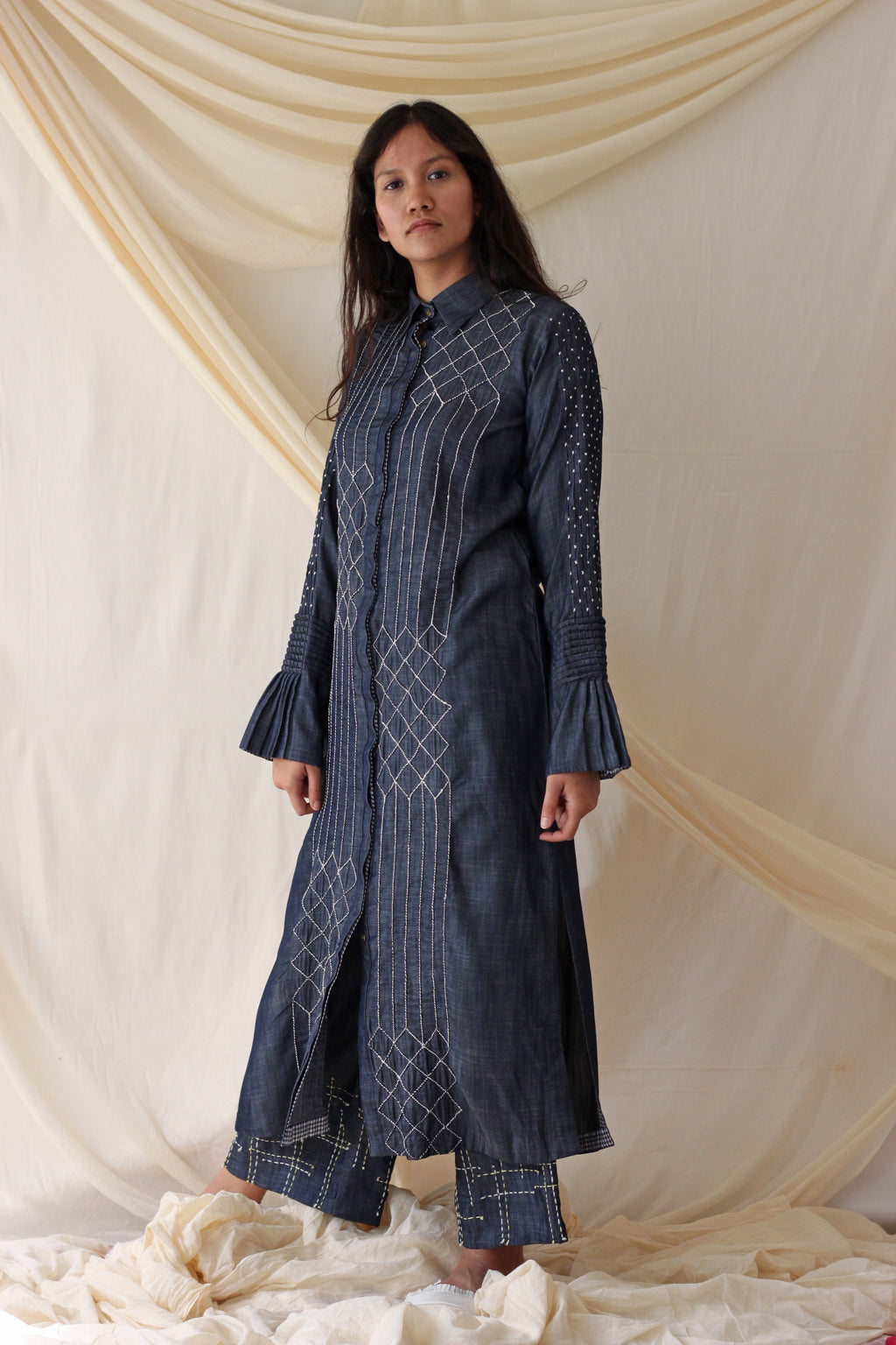 Blue Embroidered Shirt at Kamakhyaa by Chambray & Co.. This item is Blue, Casual Wear, Cotton, Natural, Regular Fit, Shirts, Solids, Tencel, Tops, Womenswear