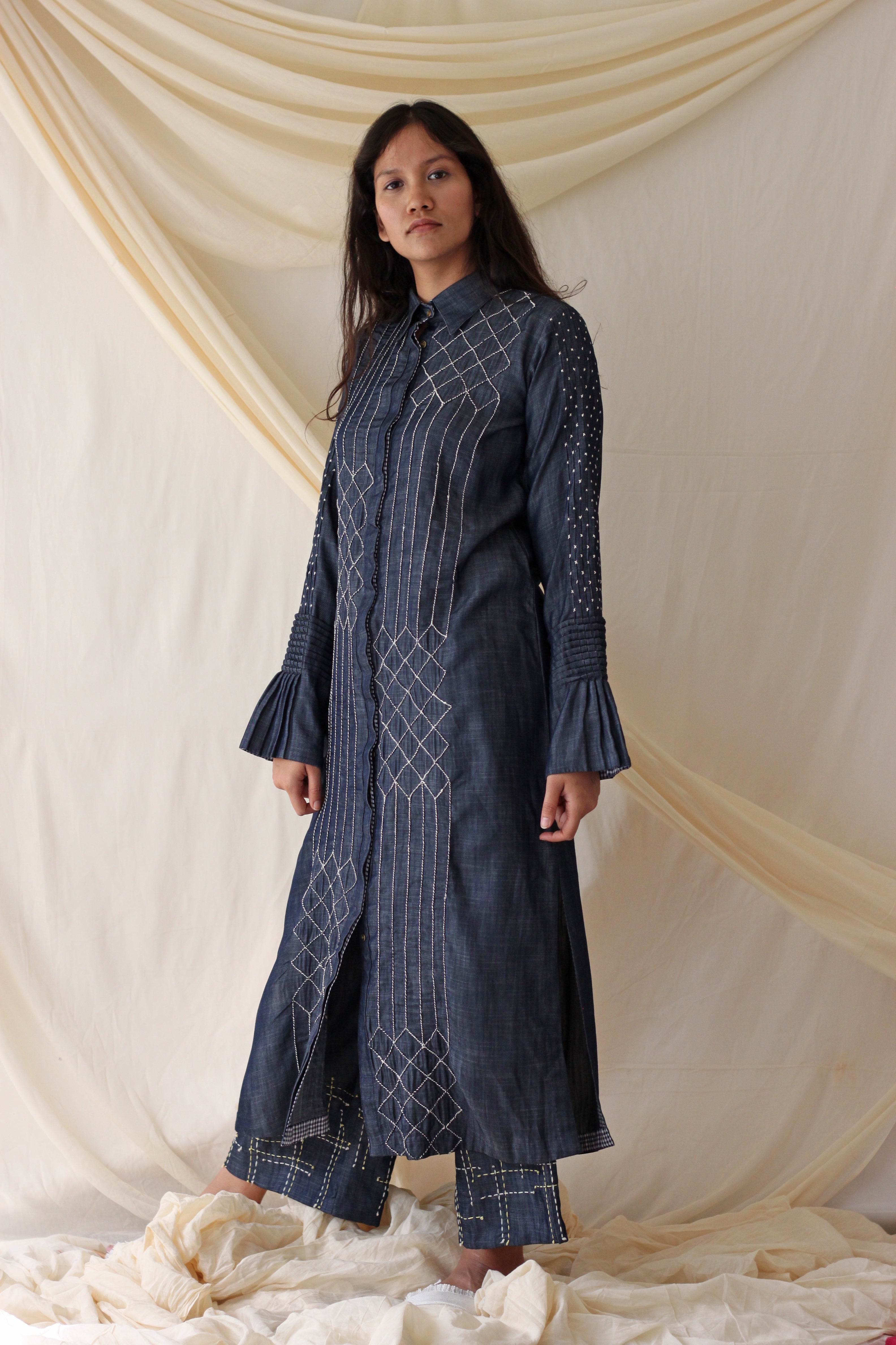 Blue Embroidered Shirt at Kamakhyaa by Chambray & Co.. This item is Blue, Casual Wear, Cotton, Natural, Regular Fit, Shirts, Solids, Tencel, Tops, Womenswear