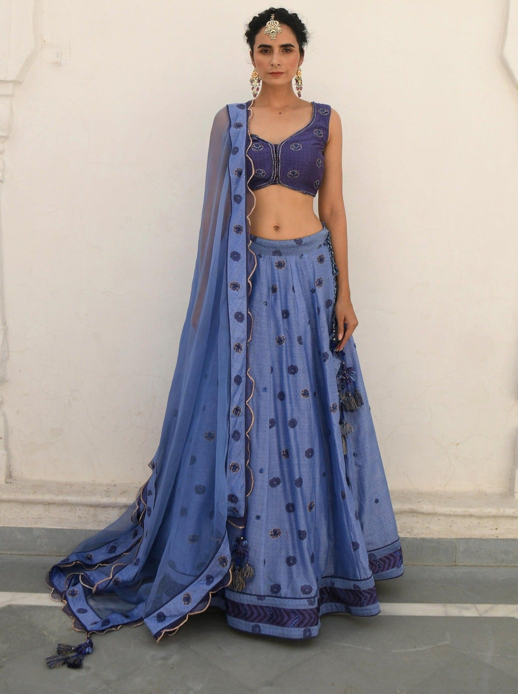 Blue Embroidered Silk Lehenga Set at Kamakhyaa by Taro. This item is Blue, Evening Wear, Handwoven silk, Indian Wear, July Sale, July Sale 2023, Lehenga Sets, Natural, Regular Fit, Sitara Taro, Stripes, Wedding Gifts, Womenswear