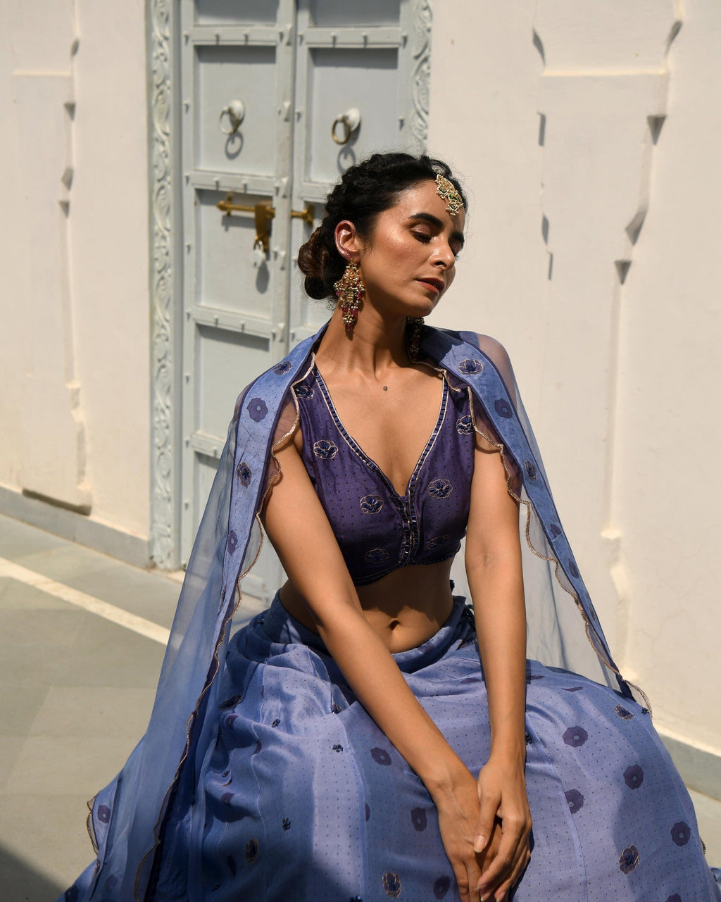 Blue Embroidered Silk Lehenga Set at Kamakhyaa by Taro. This item is Blue, Evening Wear, Handwoven silk, Indian Wear, July Sale, July Sale 2023, Lehenga Sets, Natural, Regular Fit, Sitara Taro, Stripes, Wedding Gifts, Womenswear