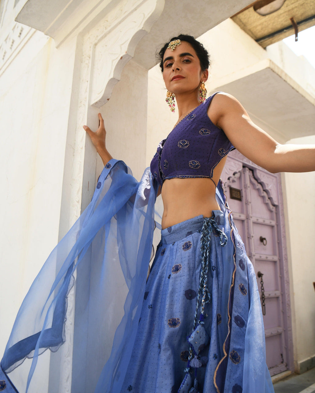 Blue Embroidered Silk Lehenga Set at Kamakhyaa by Taro. This item is Blue, Evening Wear, Handwoven silk, Indian Wear, July Sale, July Sale 2023, Lehenga Sets, Natural, Regular Fit, Sitara Taro, Stripes, Wedding Gifts, Womenswear
