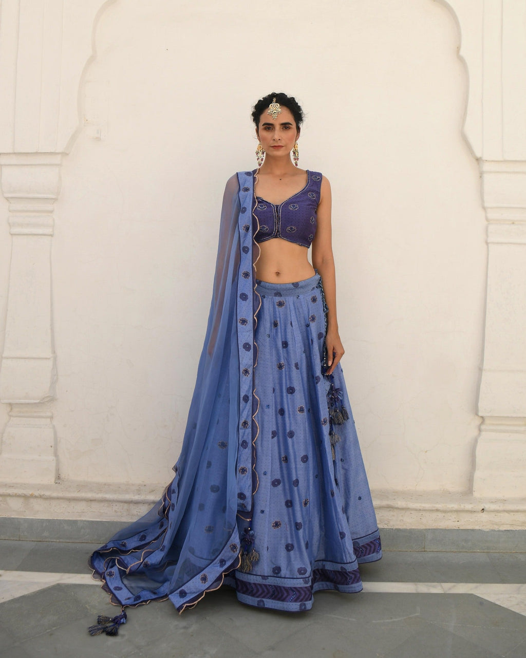 Blue Embroidered Silk Lehenga Set at Kamakhyaa by Taro. This item is Blue, Evening Wear, Handwoven silk, Indian Wear, July Sale, July Sale 2023, Lehenga Sets, Natural, Regular Fit, Sitara Taro, Stripes, Wedding Gifts, Womenswear