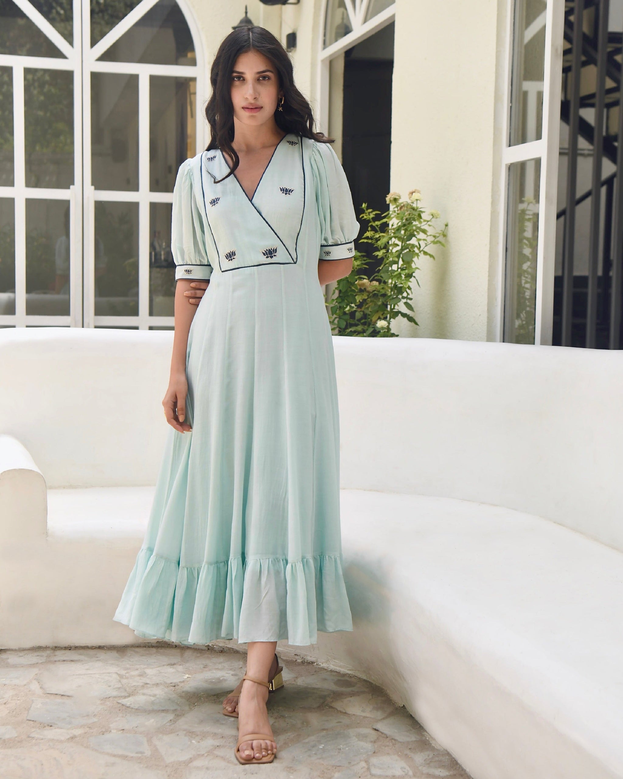 Blue Bangalore Silk Maxi Dress Embroidered