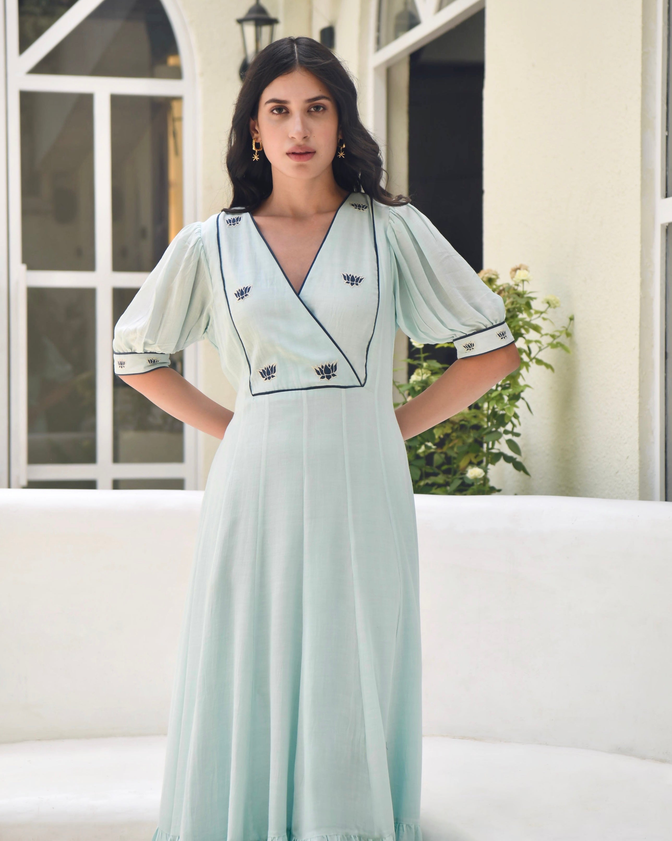 Blue Bangalore Silk Maxi Dress Embroidered