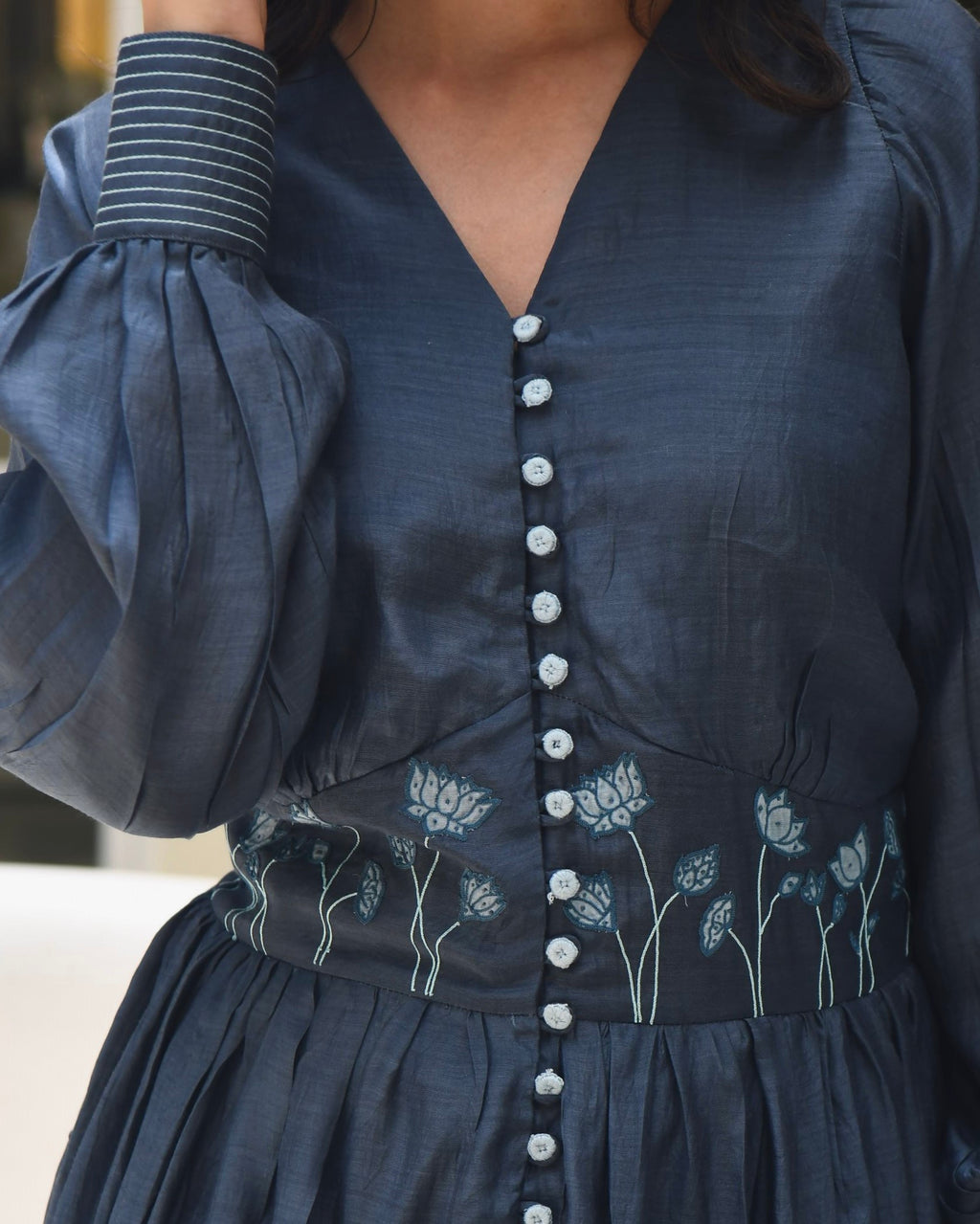 Blue Embroidered Silk Maxi Dress at Kamakhyaa by Taro. This item is Best Selling, Blue, Dusk To Dawn, Embroidered, Evening Wear, FB ADS JUNE, July Sale, July Sale 2023, Maxi Dresses, Modal silk, Natural, Regular Fit, Shirt Dresses, Silk, Womenswear