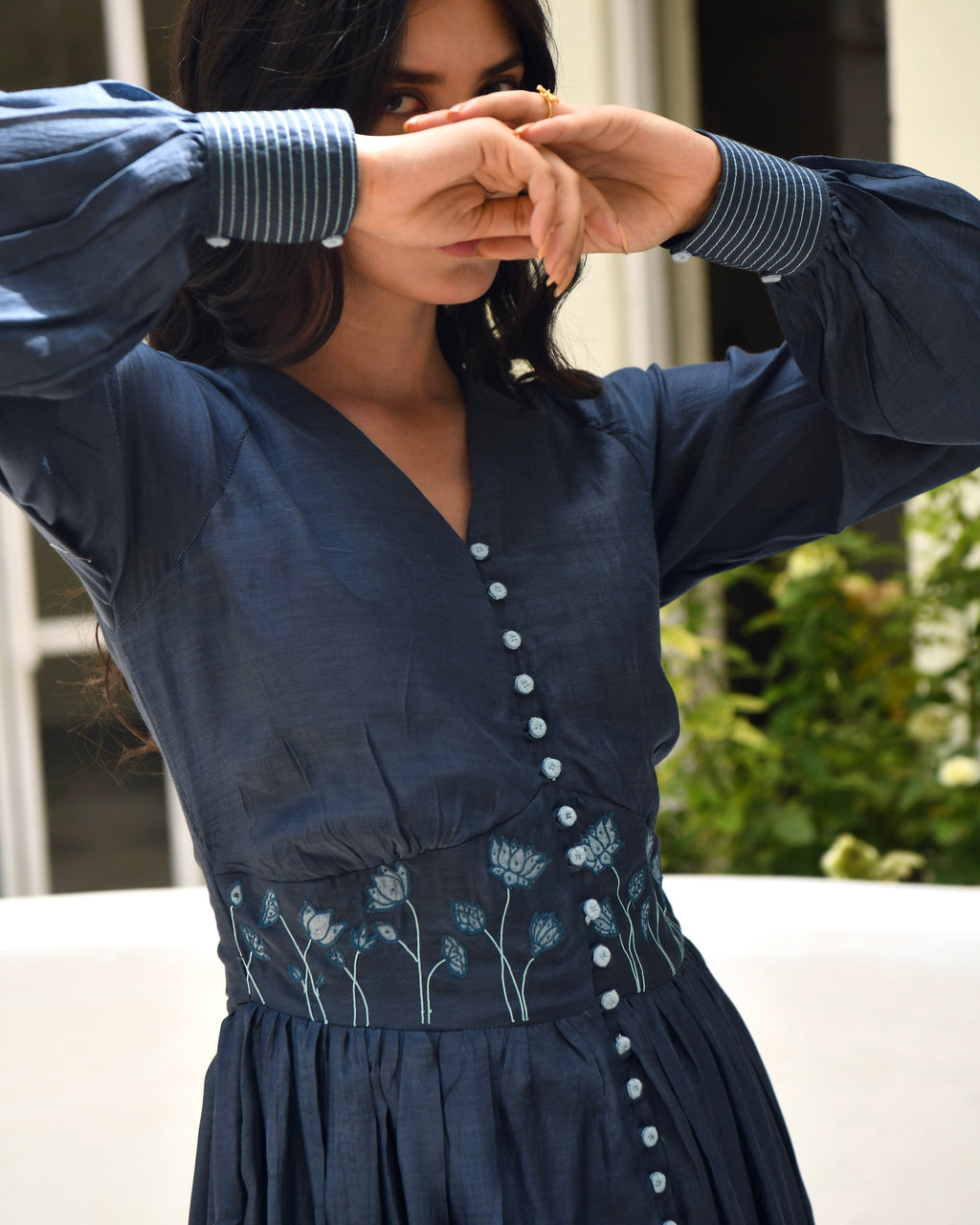 Blue Embroidered Silk Maxi Dress at Kamakhyaa by Taro. This item is Best Selling, Blue, Dusk To Dawn, Embroidered, Evening Wear, FB ADS JUNE, July Sale, July Sale 2023, Maxi Dresses, Modal silk, Natural, Regular Fit, Shirt Dresses, Silk, Womenswear