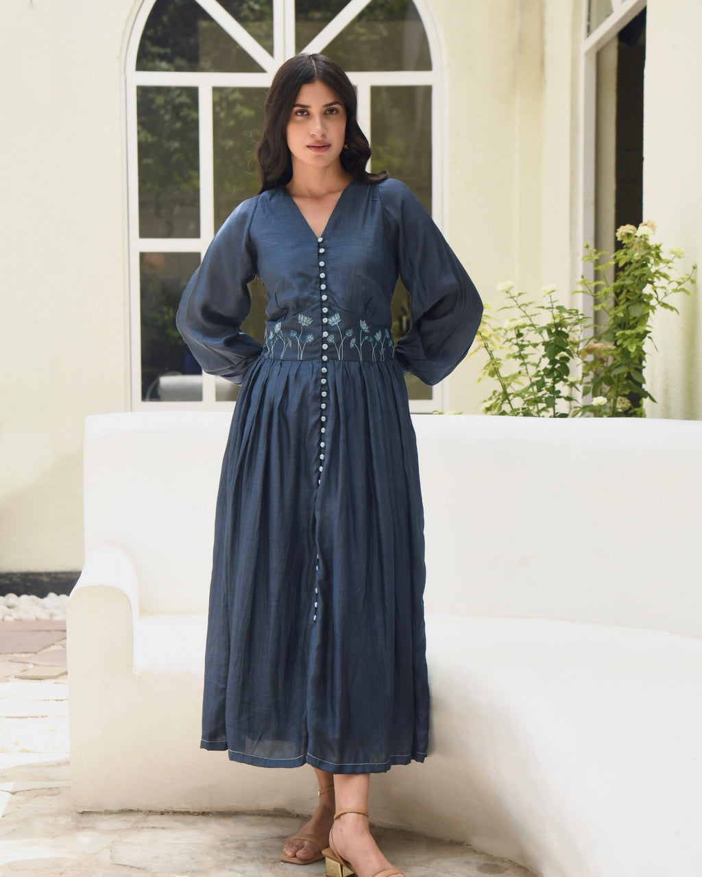 Blue Embroidered Silk Maxi Dress at Kamakhyaa by Taro. This item is Best Selling, Blue, Dusk To Dawn, Embroidered, Evening Wear, FB ADS JUNE, July Sale, July Sale 2023, Maxi Dresses, Modal silk, Natural, Regular Fit, Shirt Dresses, Silk, Womenswear