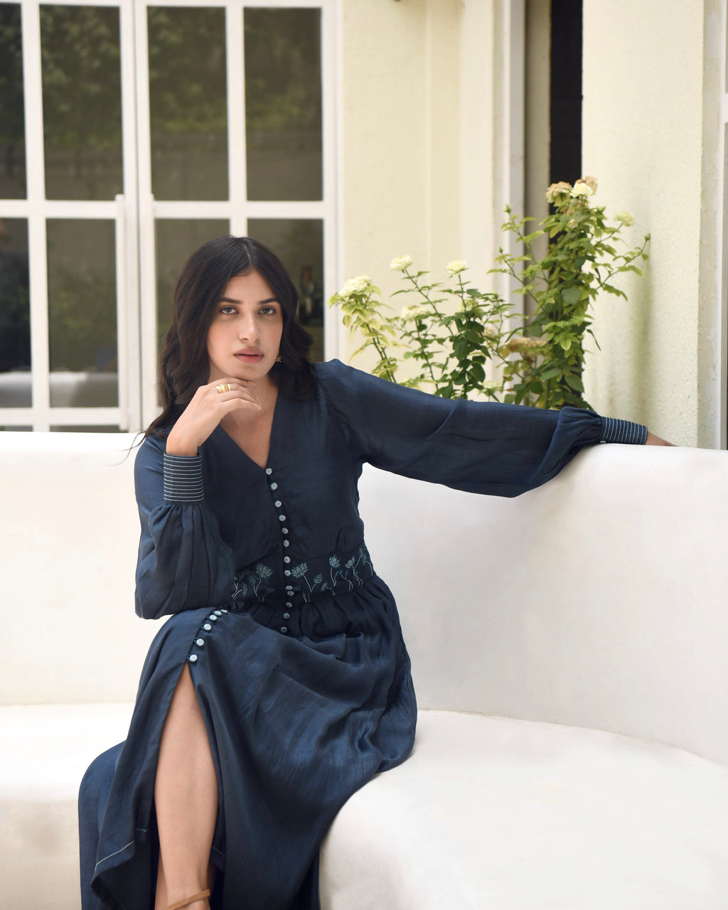 Blue Embroidered Silk Maxi Dress at Kamakhyaa by Taro. This item is Best Selling, Blue, Dusk To Dawn, Embroidered, Evening Wear, FB ADS JUNE, July Sale, July Sale 2023, Maxi Dresses, Modal silk, Natural, Regular Fit, Shirt Dresses, Silk, Womenswear