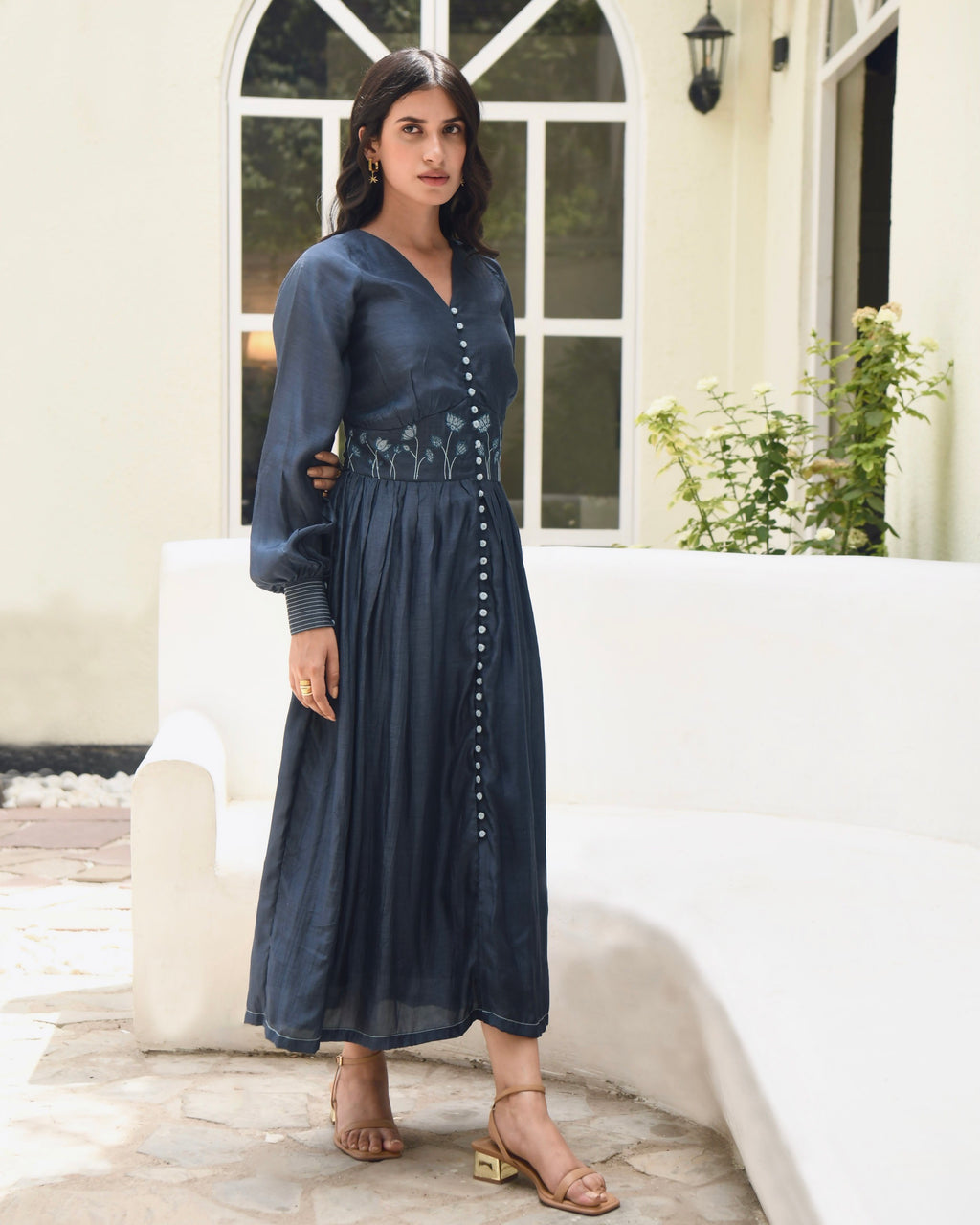 Blue Embroidered Silk Maxi Dress at Kamakhyaa by Taro. This item is Best Selling, Blue, Dusk To Dawn, Embroidered, Evening Wear, FB ADS JUNE, July Sale, July Sale 2023, Maxi Dresses, Modal silk, Natural, Regular Fit, Shirt Dresses, Silk, Womenswear